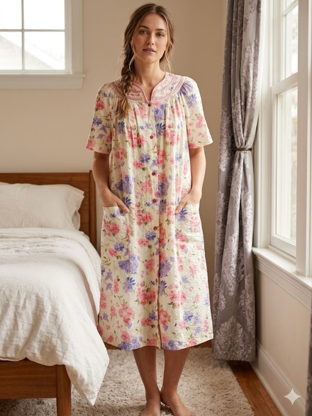 Leisure Life Floral Snap-Front House Dress / Robe Size M
